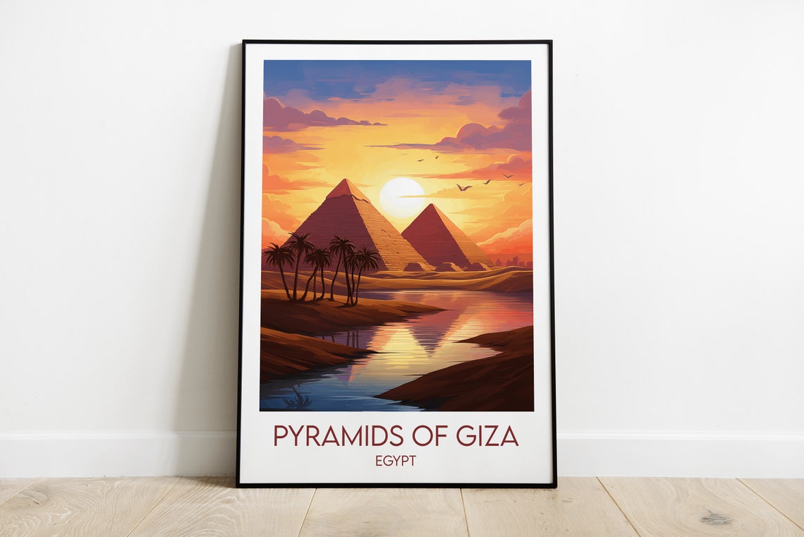 Pyramids of Giza Egypt Sunset Desert Palm Trees Travel Poster