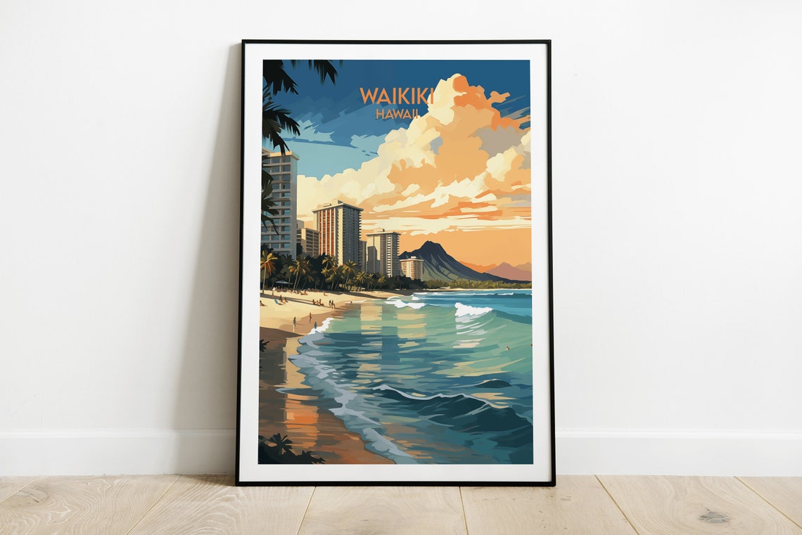Waikiki Hawaii Sunset Beach Palm Skyline Resort Travel Poster