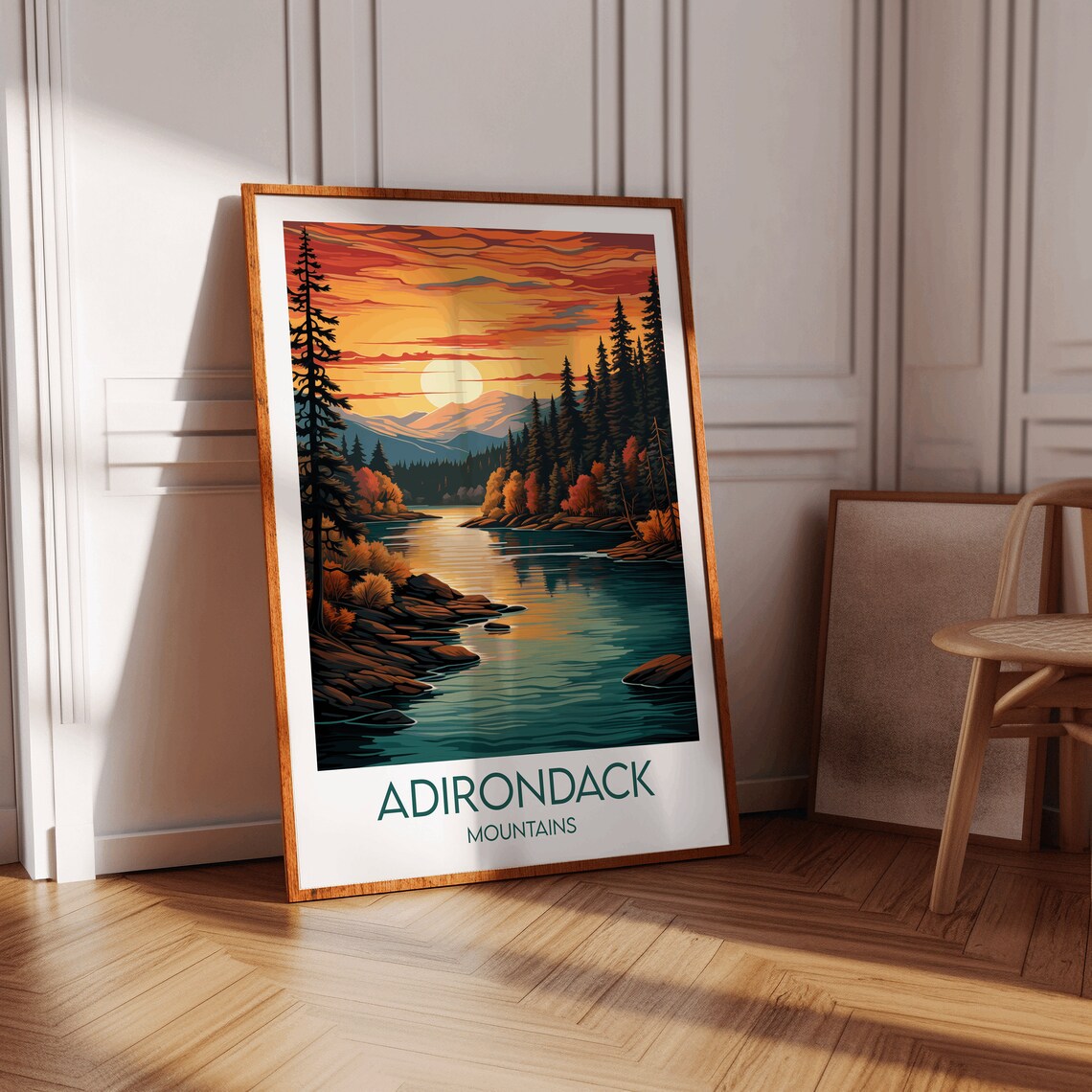 Adirondack Mountains Golden Sunset Lake Pines Scene Travel Poster - Image 2