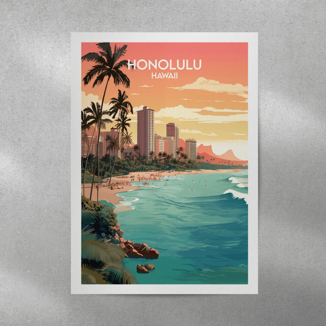 Honolulu Hawaii Vintage Waikiki Beach Palm Sunset Skyline Poster - Image 4