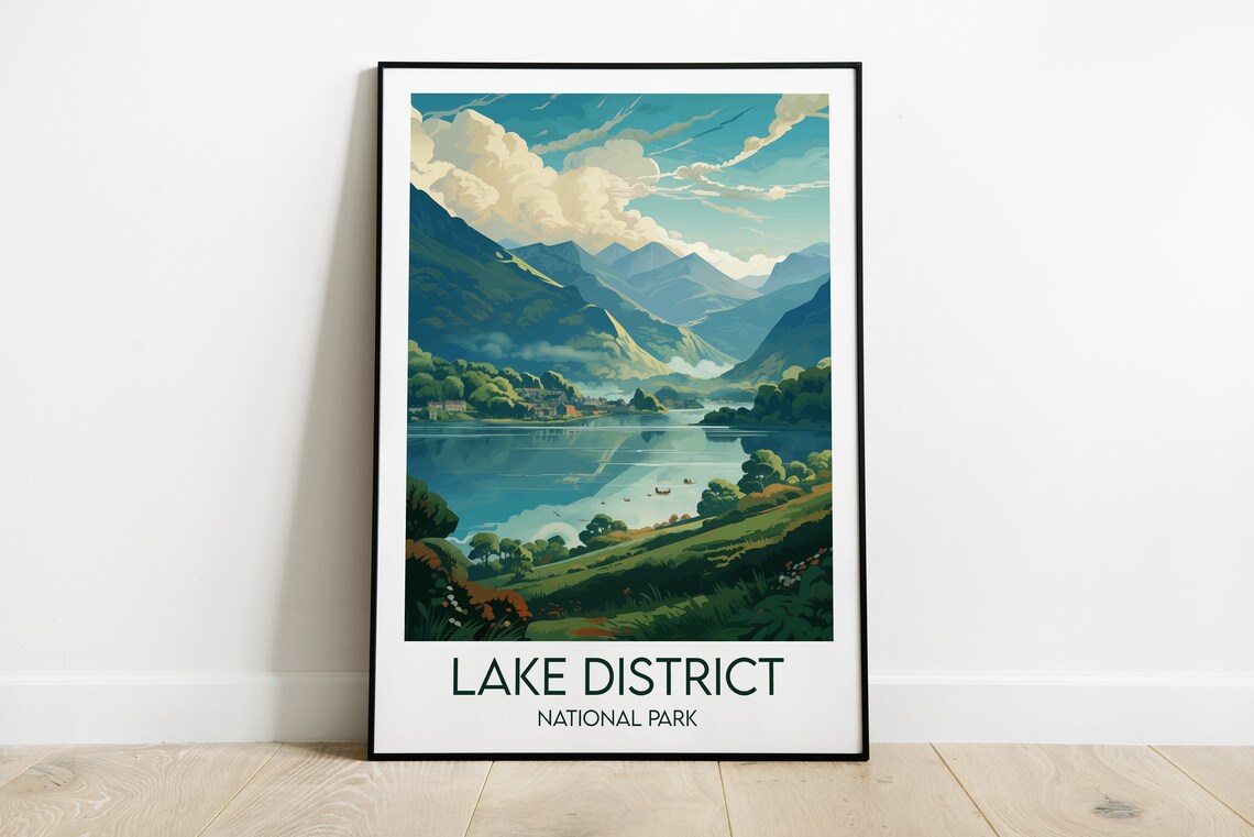 Lake District National Park Lake Mountains Boats Vintage Travel Poster
