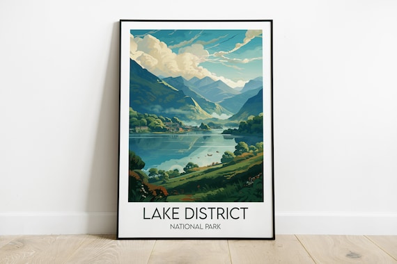 Lake District National Park Lake Mountains Boats Vintage Travel Poster