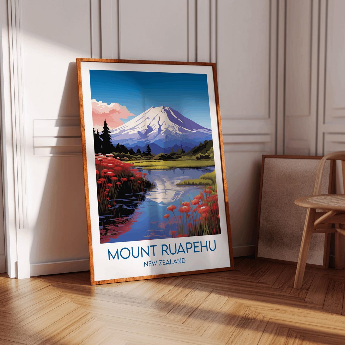 Mount Ruapehu New Zealand Volcano Red Flower Lake View Poster - Image 3