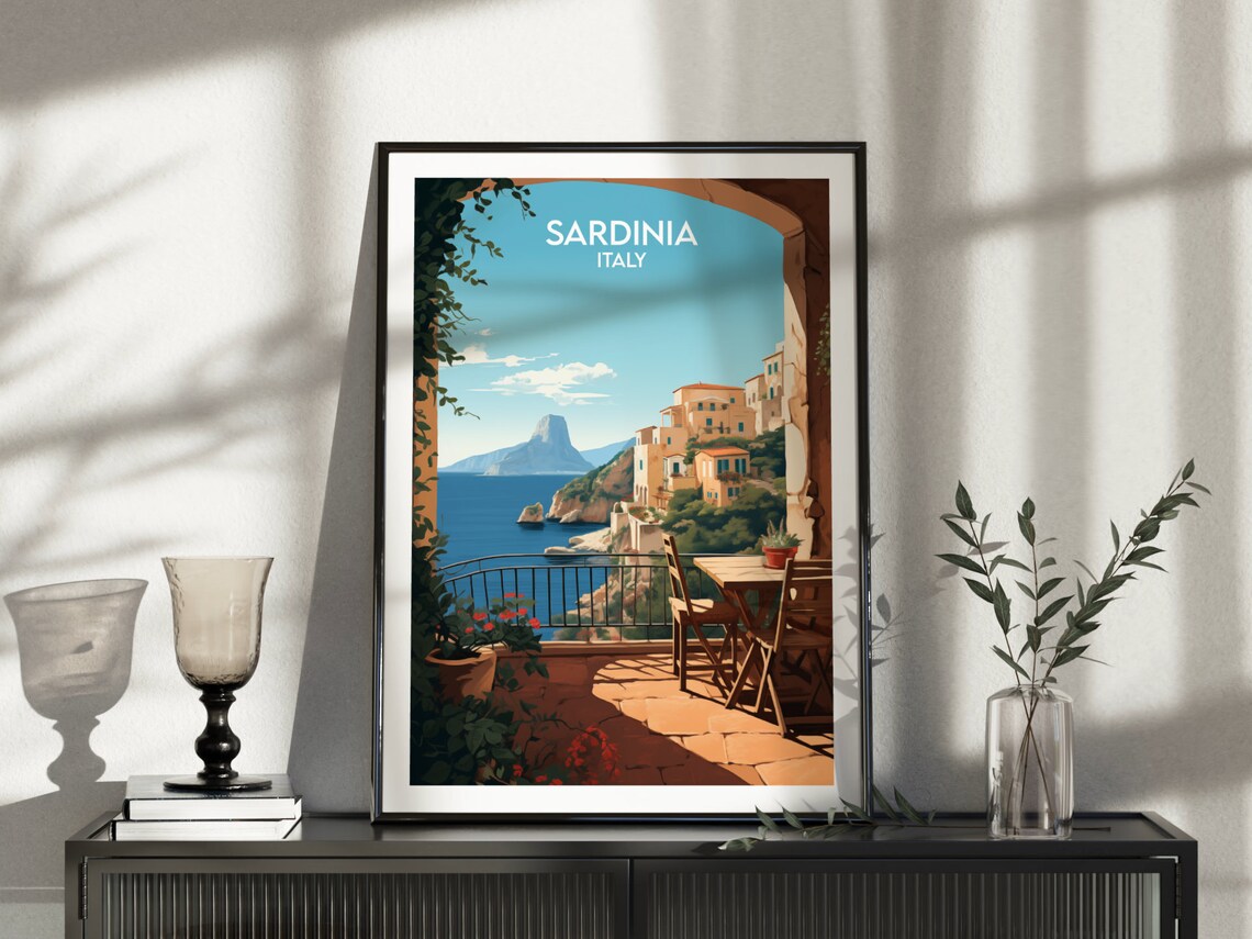 Sardinia Italy Coastal Terrace Hillside Village Sea View Travel Poster - Image 4