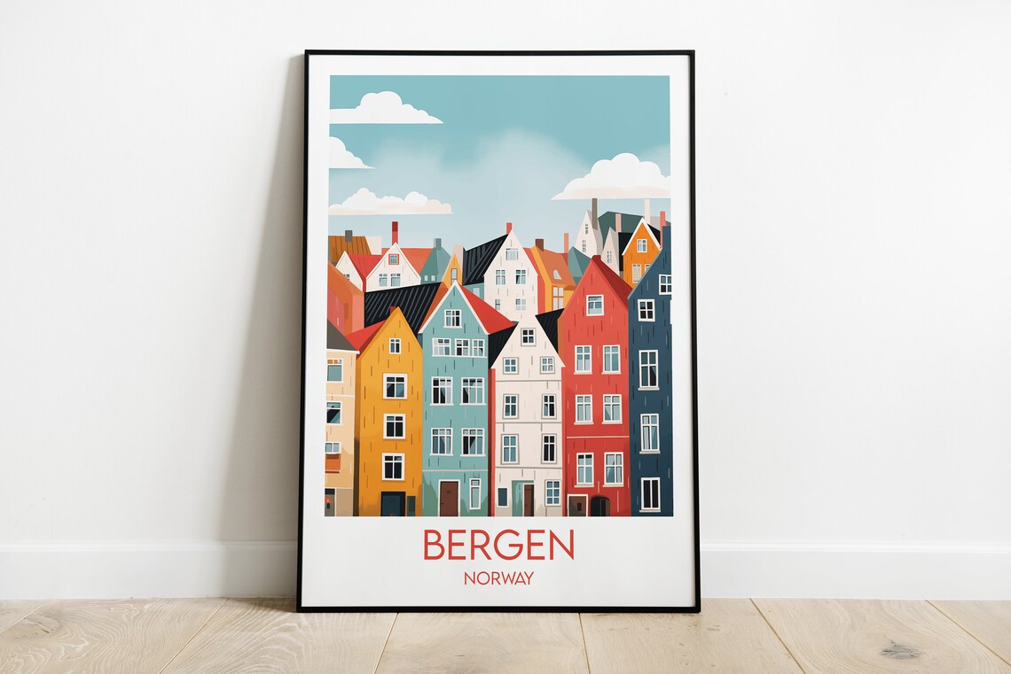 Bergen Norway Colorful Bryggen Wharf Houses Retro Travel Poster