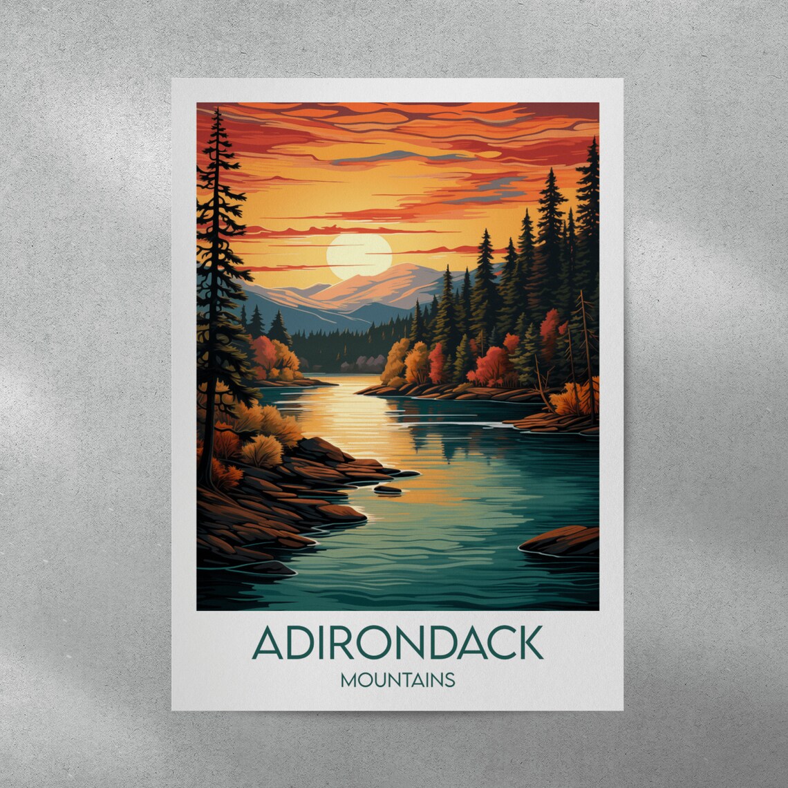 Adirondack Mountains Golden Sunset Lake Pines Scene Travel Poster - Image 3