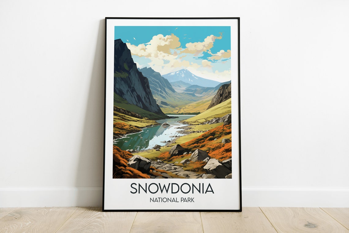 Snowdonia National Park Mountain Valley Lake Vintage Travel Poster