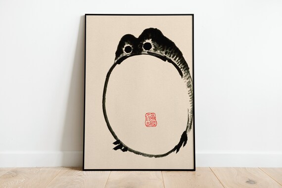 Japanese Frog Ink Painting Enso Circle Red Seal Zen Style Poster
