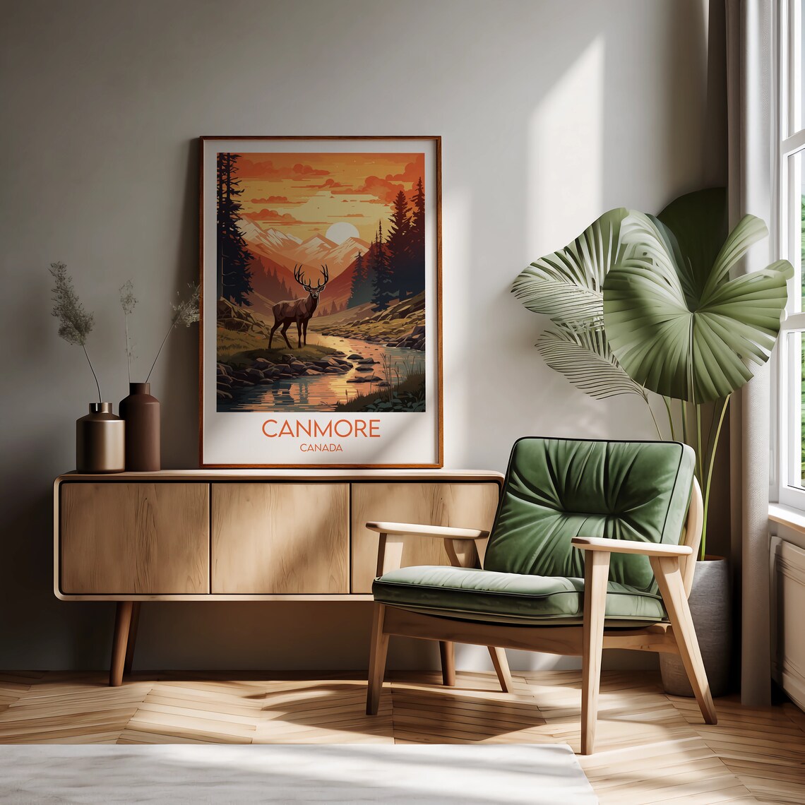 Canmore Canada Elk Stream Sunset Vintage Wildlife Travel Poster - Image 3