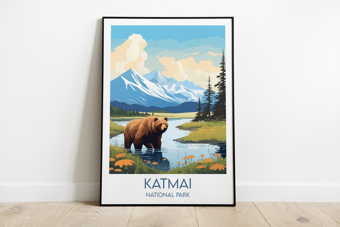 Katmai National Park Alaska Mountain Bear Illustrated Travel Poster