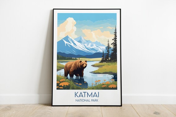 Katmai National Park Alaska Mountain Bear Illustrated Travel Poster