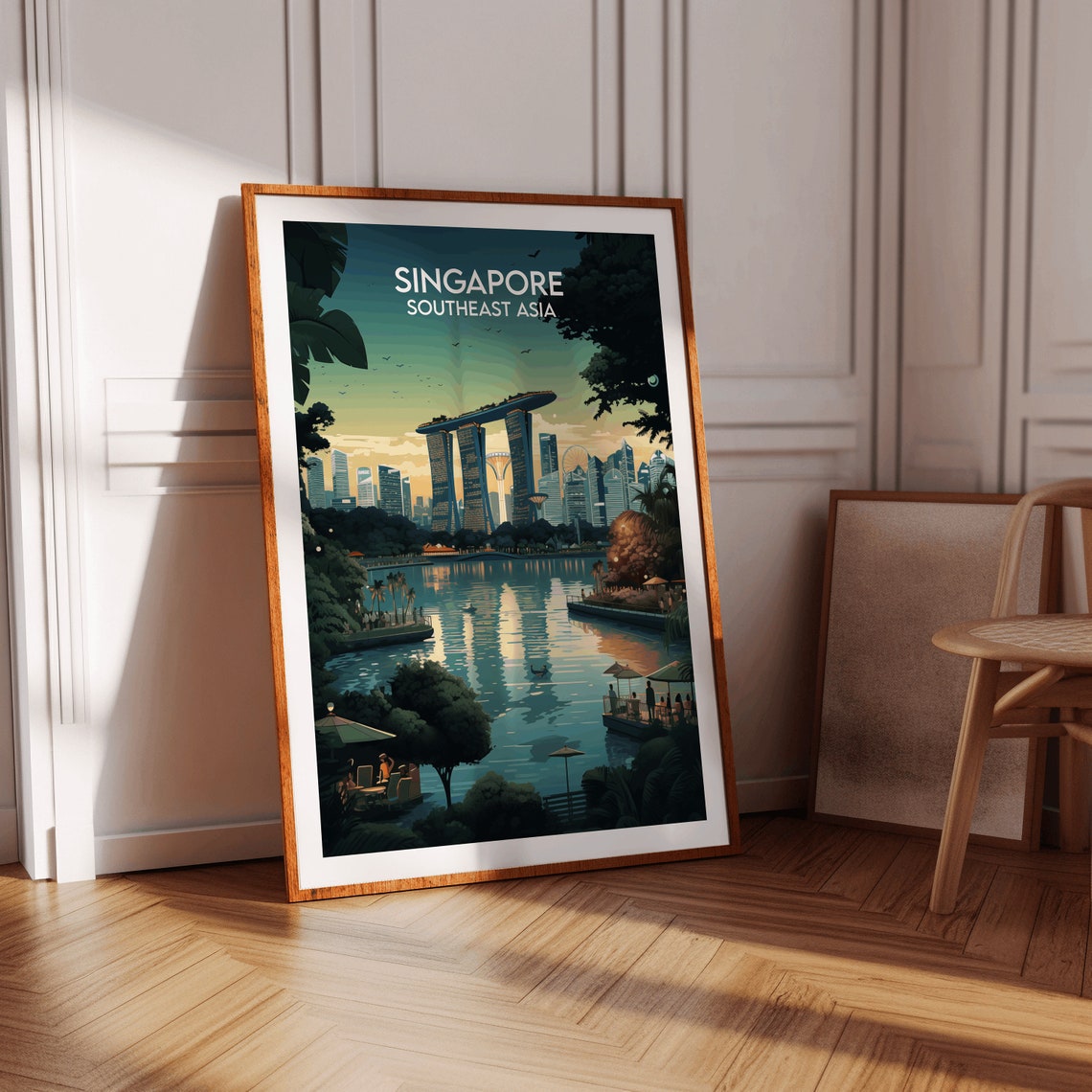 Singapore Marina Bay Dusk Skyline Waterfront Cafe Scene Travel Poster - Image 2