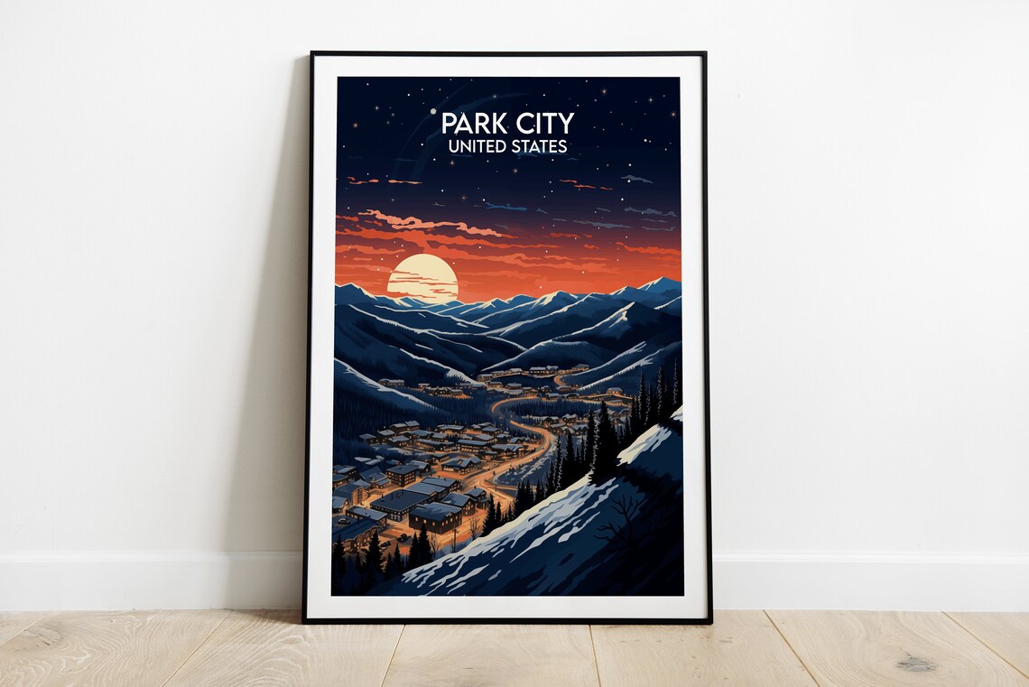 Park City Utah Snowy Mountain Town At Dusk Stars Travel Poster