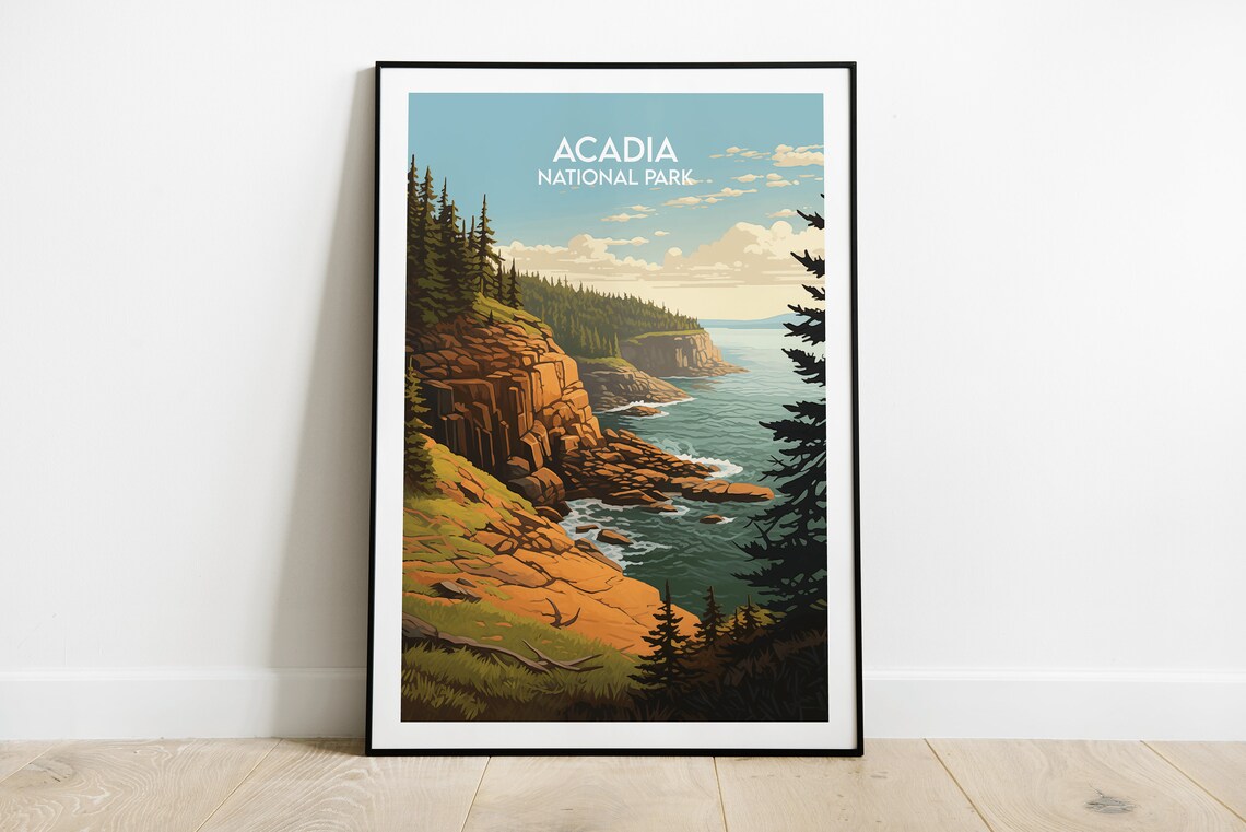 Acadia National Park Rocky Coast Cliffs and Pines Vintage Art Print