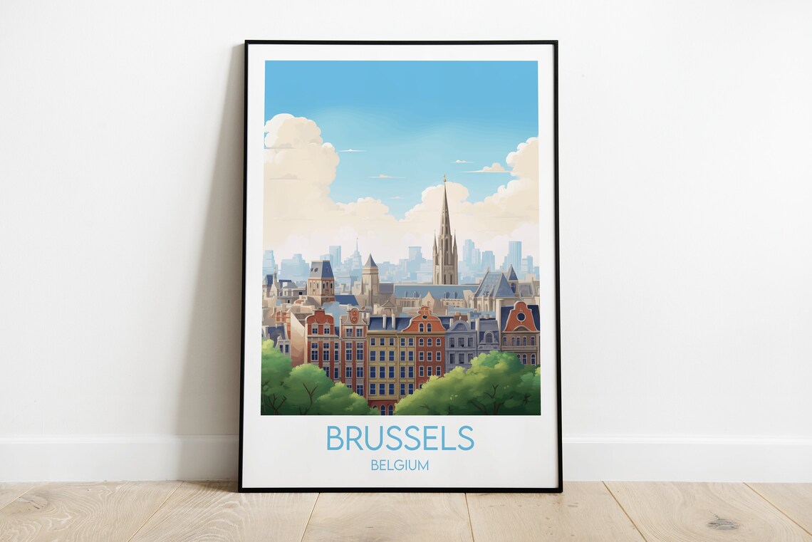 Brussels Belgium Historic Skyline Church Spire Europe Travel Poster