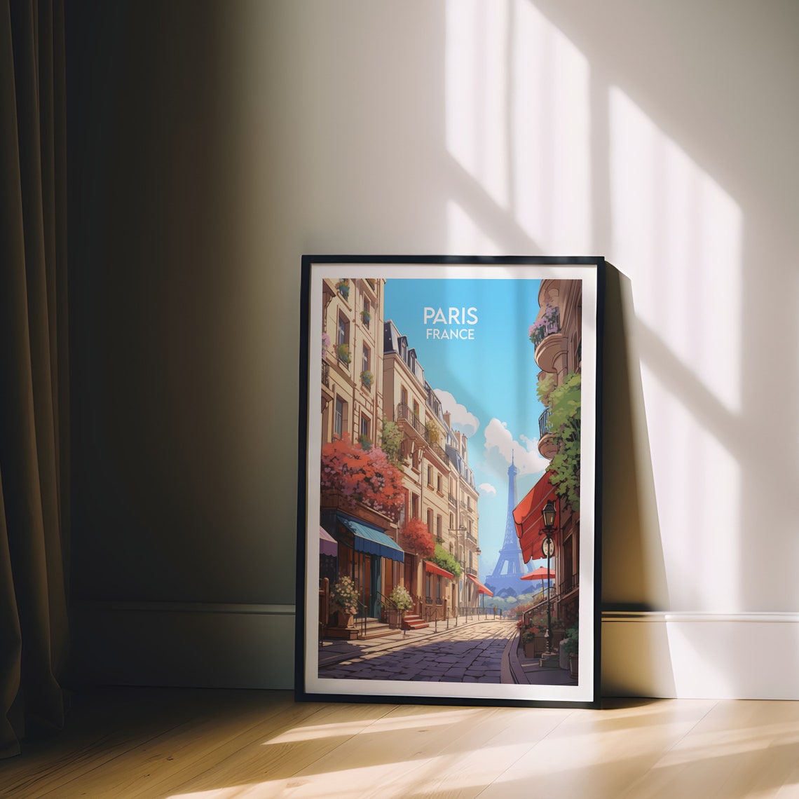 Paris France Eiffel Tower Cobblestone Street Cafe Travel Poster - Image 2