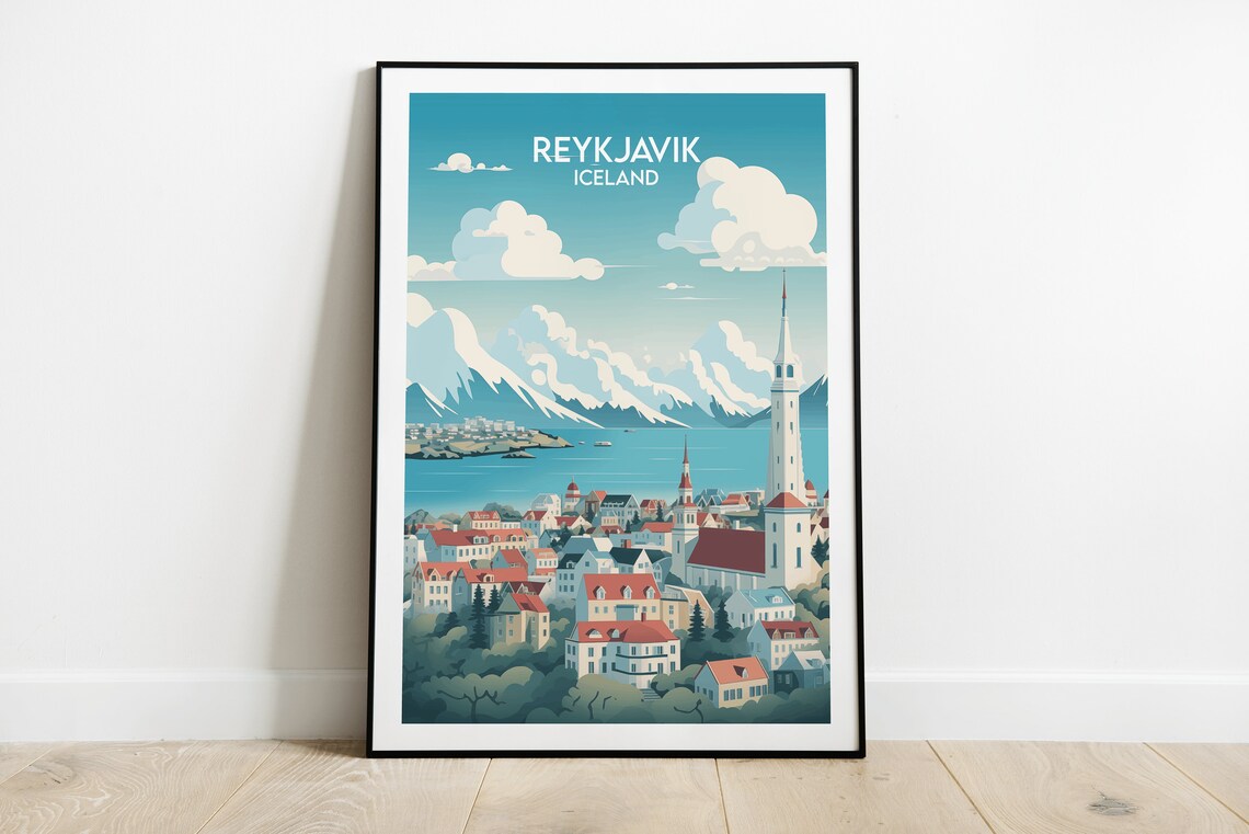 Reykjavik Iceland Hallgrimskirkja Church Snowy Peaks Travel Poster