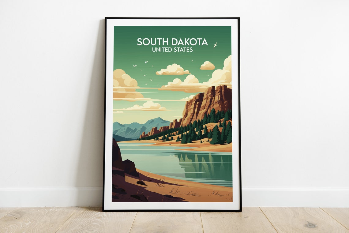 South Dakota Vintage Travel Poster Green Cliffs Lakeside View