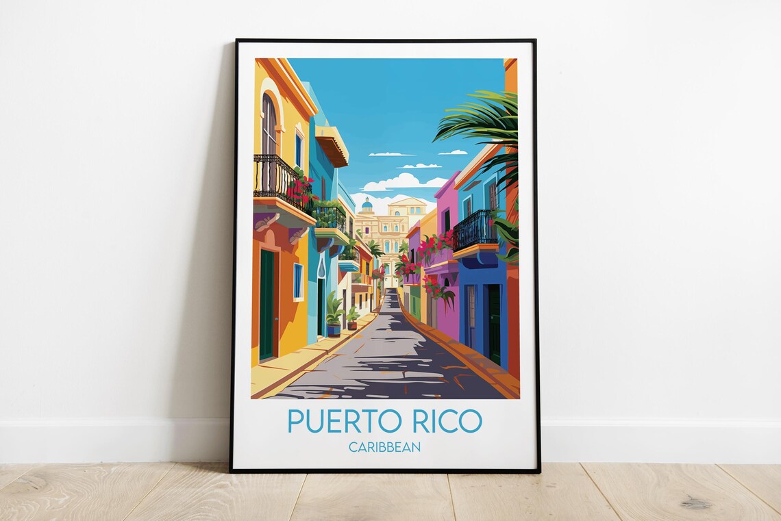 Puerto Rico Caribbean Vibrant Colonial Old Town Street Travel Poster