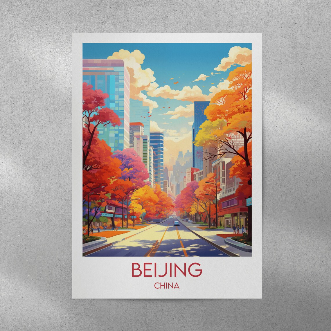 Beijing China Autumn Avenue Red Trees City Skyline Travel Poster - Image 3