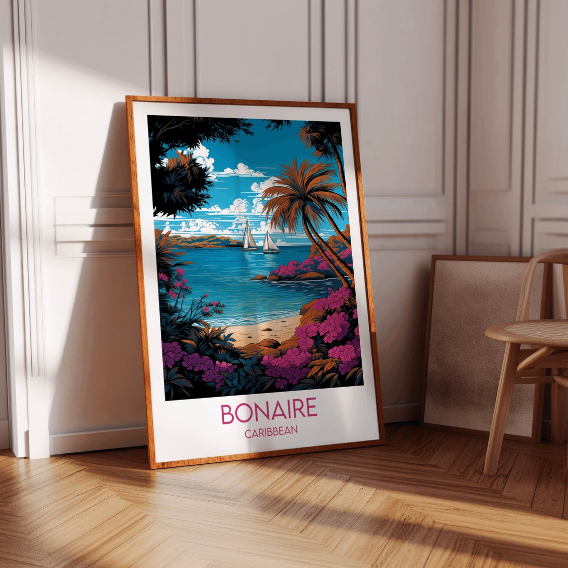 Bonaire Caribbean Sailing Cove Pink Flowers Tropical Travel Poster - Image 2