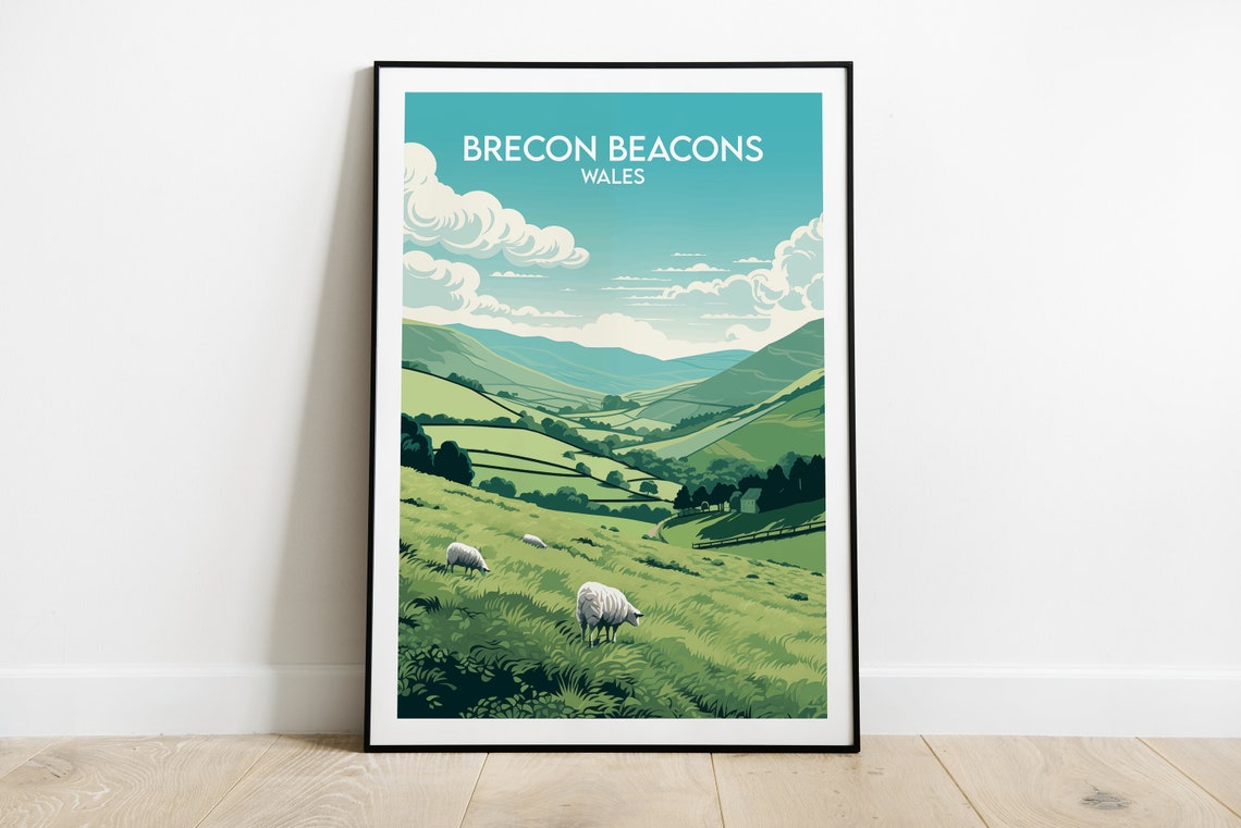Brecon Beacons Wales Green Hills Grazing Sheep Vintage Travel Poster