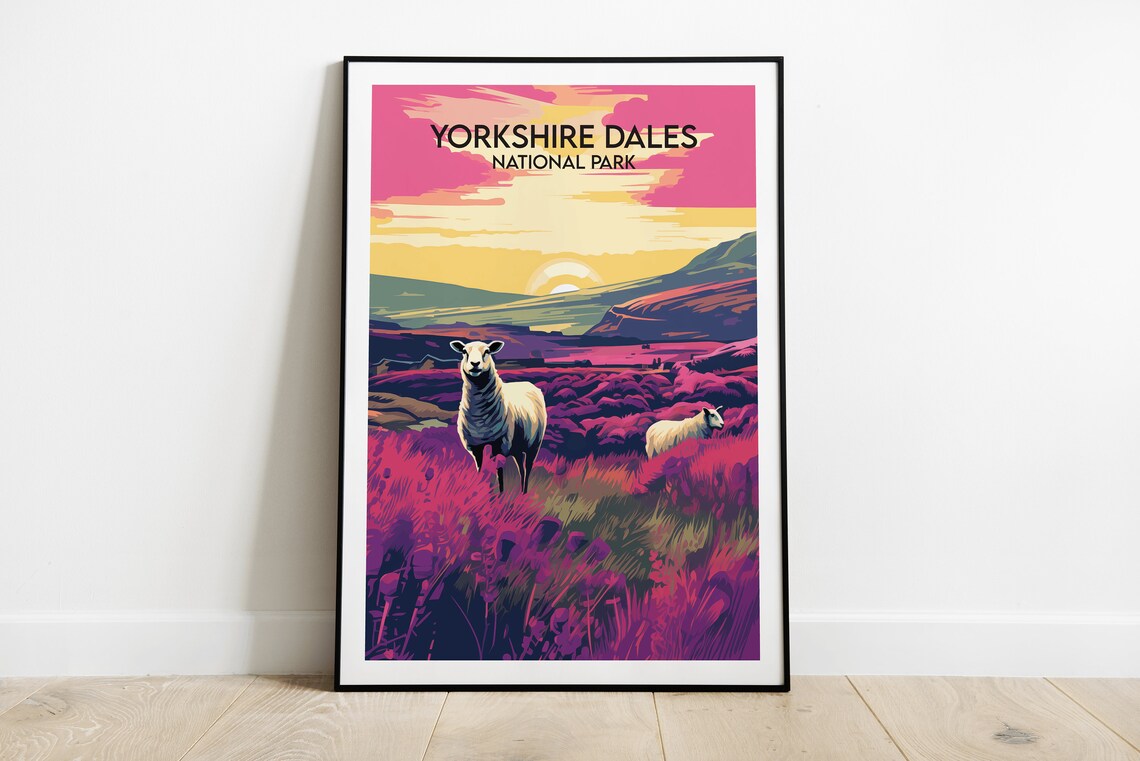 Yorkshire Dales National Park Sheep Heather Sunset Travel Poster