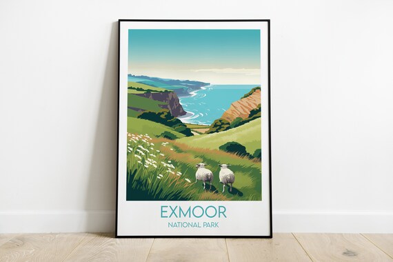 Exmoor National Park Sheep Hillside Coastal View Travel Poster