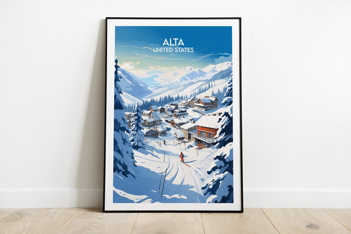 Alta Ski Village Blue Sky Slopes Retro American Travel Poster