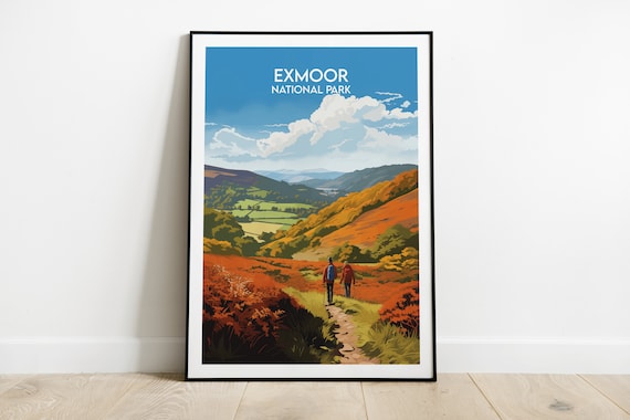 Exmoor National Park Hikers Autumn Moorland Trail Valley Poster