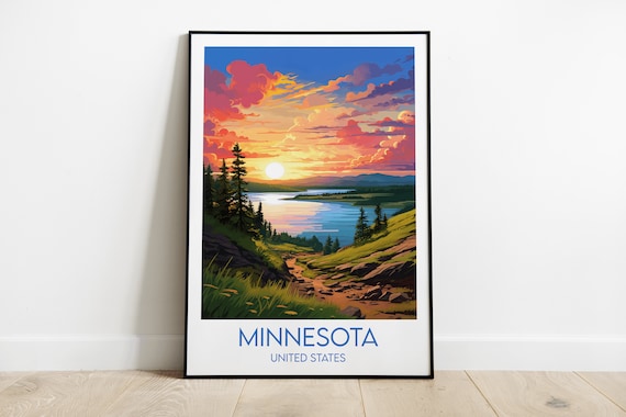 Minnesota Sunset Lake Pines Vintage United States Travel Poster