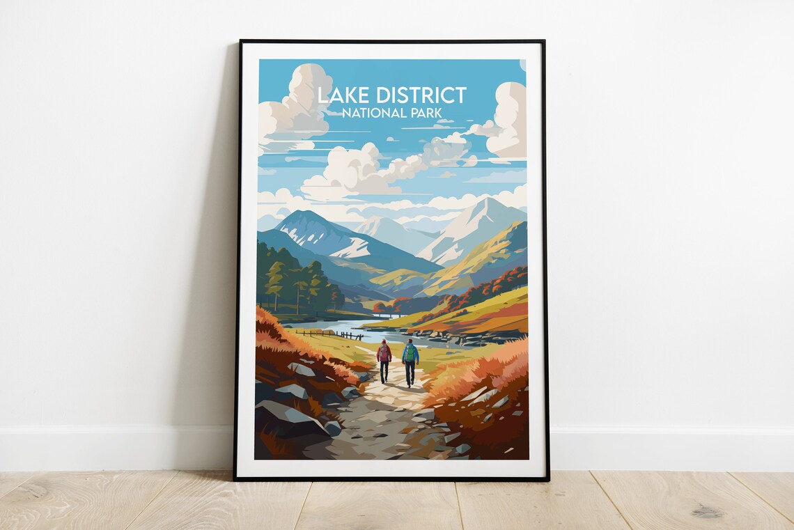 Lake District Autumn Fells Valley Hikers Vintage Travel Poster