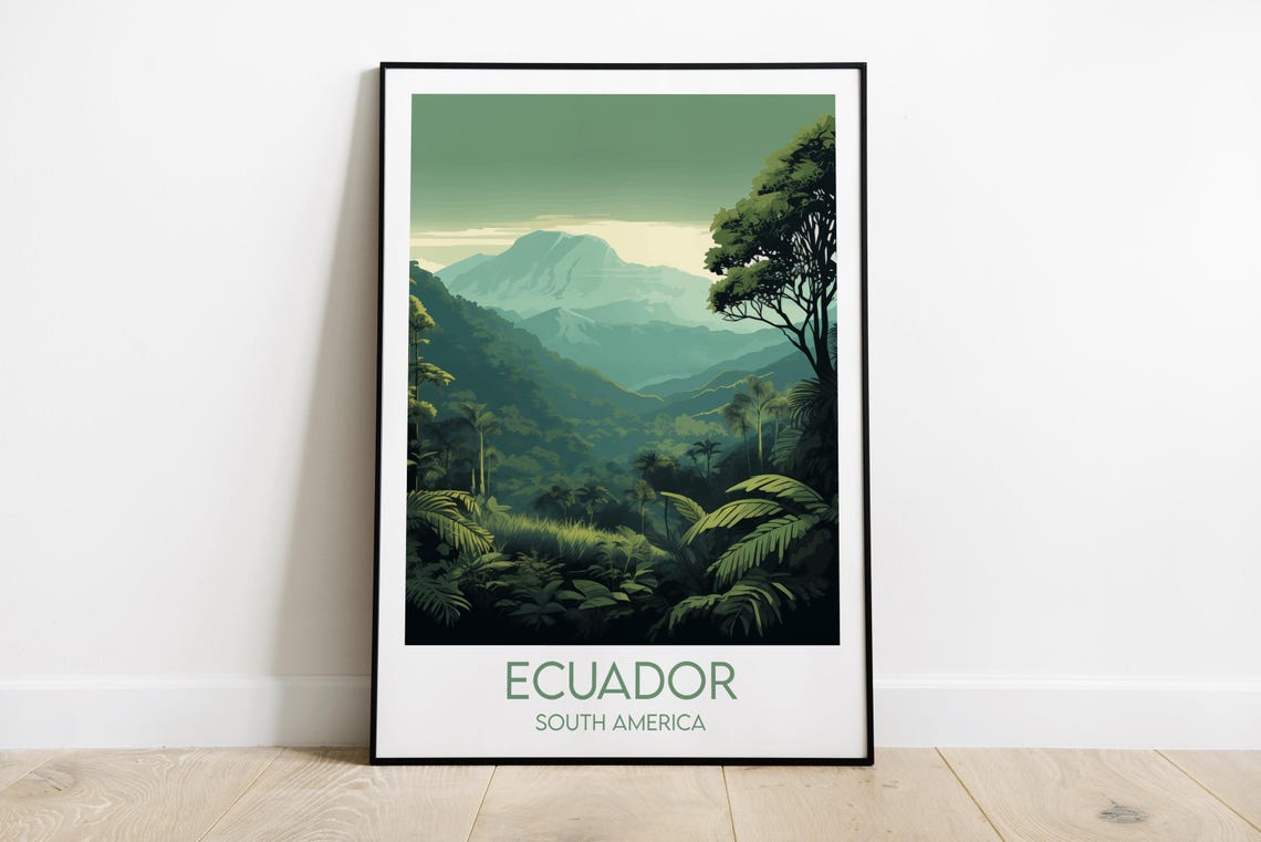 Ecuador South America Lush Rainforest Mountain Retro Travel Poster