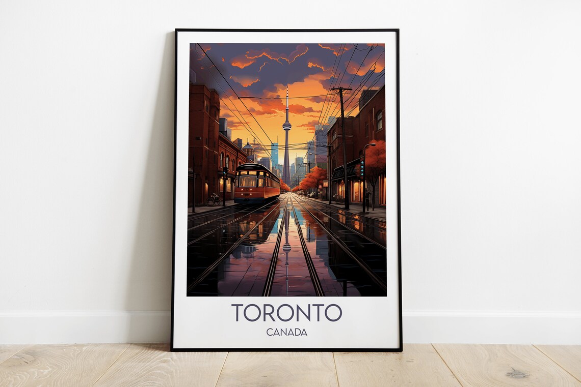 Toronto Canada Vintage Travel Poster Streetcar CN Tower Sunset