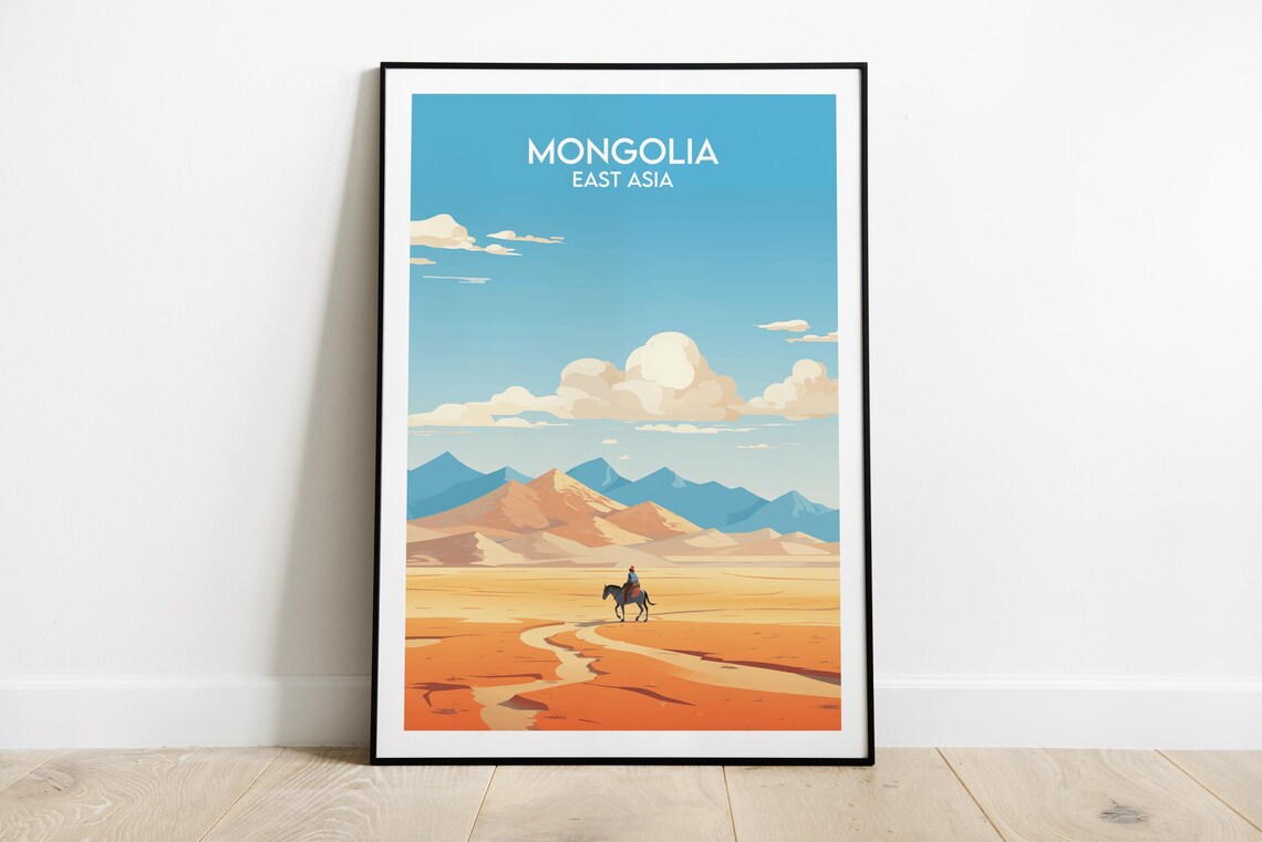 Mongolia East Asia Horseman Desert Blue Mountains Travel Poster