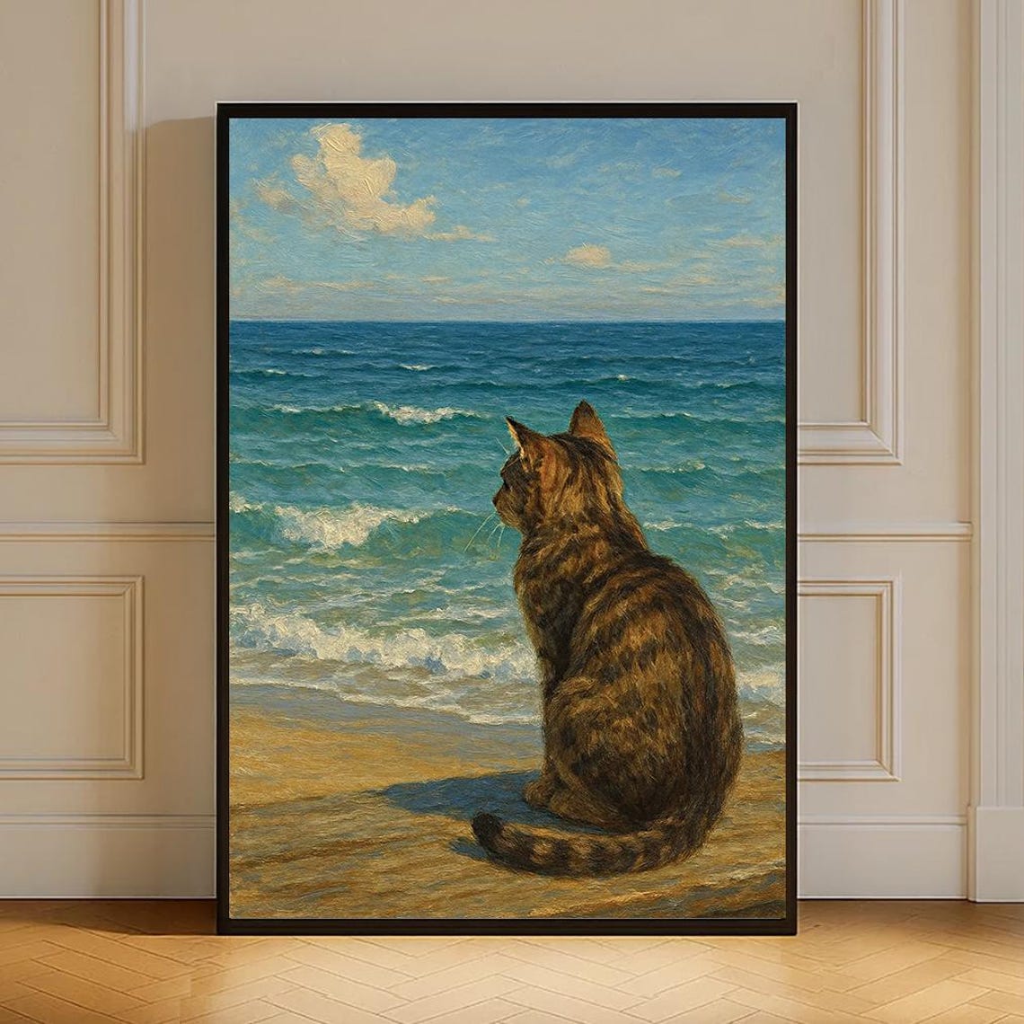 Cat Watching Ocean Waves Impressionist Beach Oil Painting Art Print