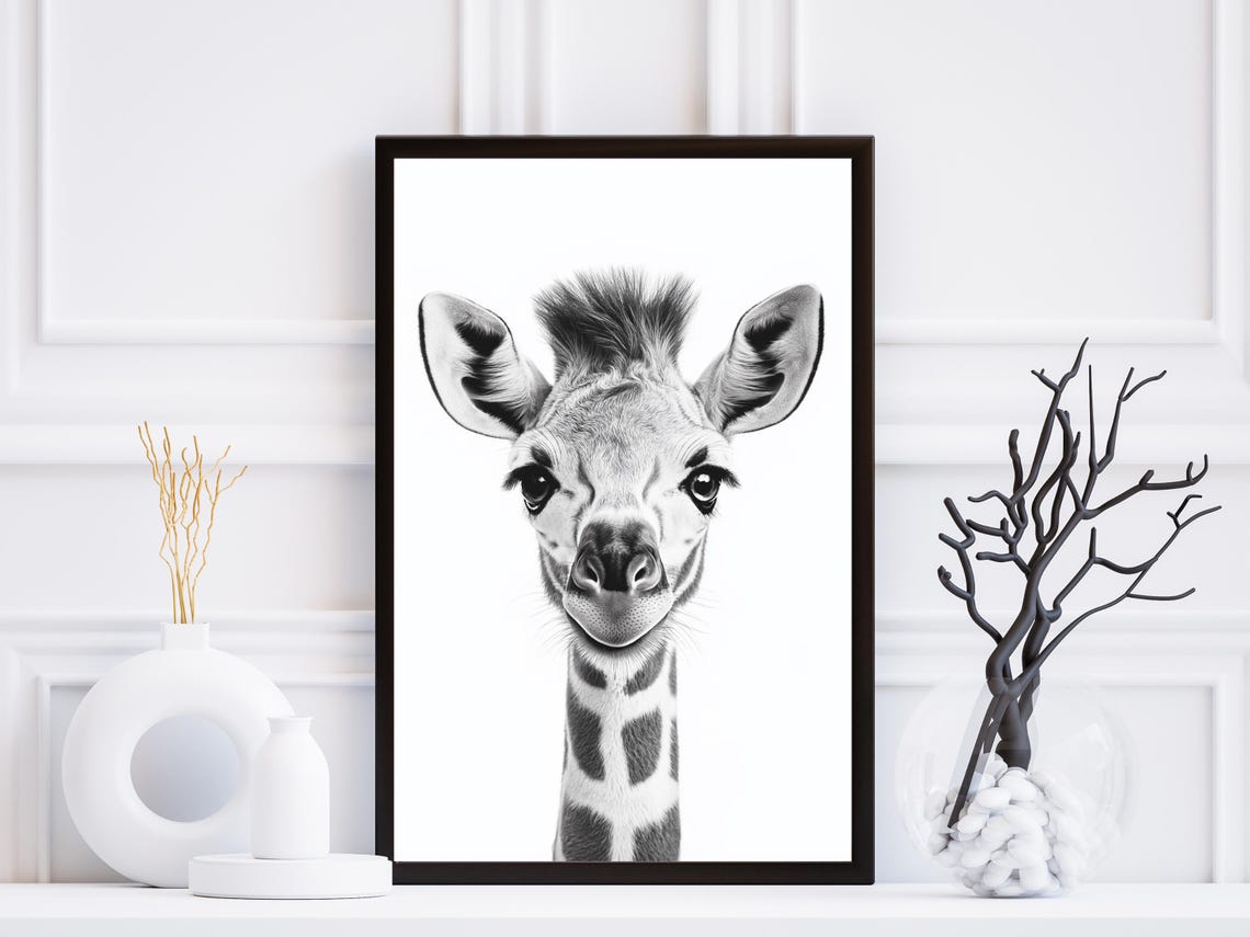 Baby Giraffe Portrait in Black and White Nursery Sketch Poster