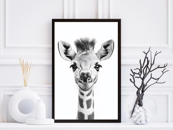 Baby Giraffe Portrait in Black and White Nursery Sketch Poster