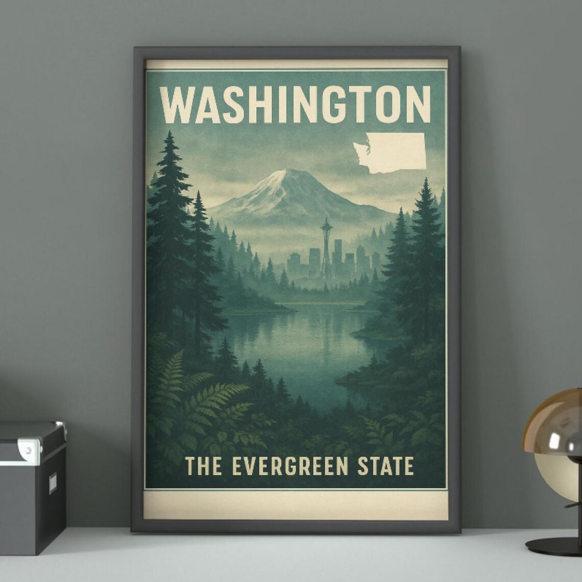 Washington Travel Poster Retro Evergreen State Seattle Skyline Art