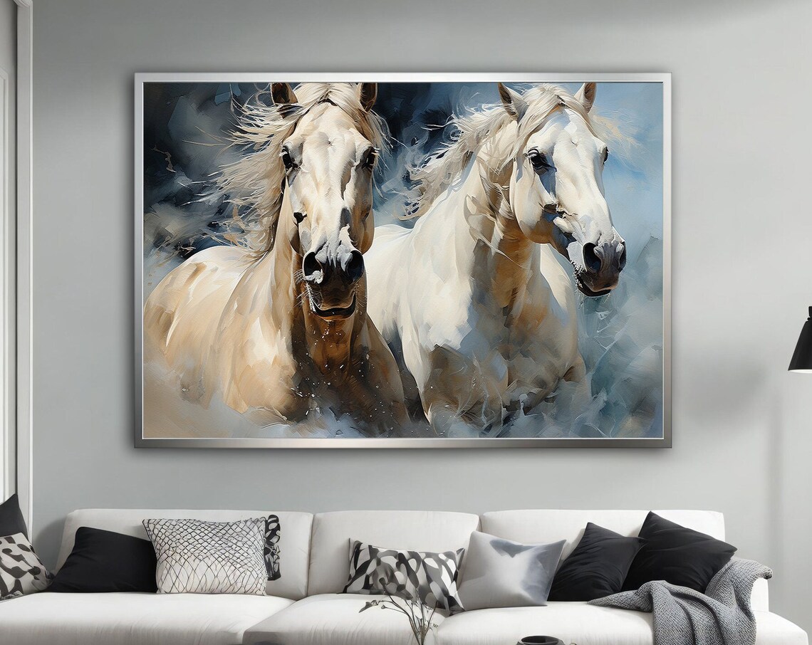 Two White Horses Running Wild Majestic Equine Painting Wall Art Poster