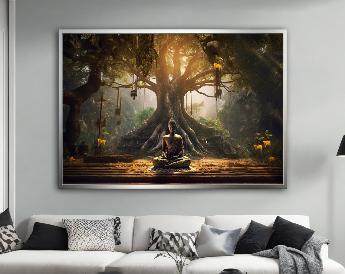Buddha Meditating Under Banyan Tree Golden Temple Light Wall Art Poster