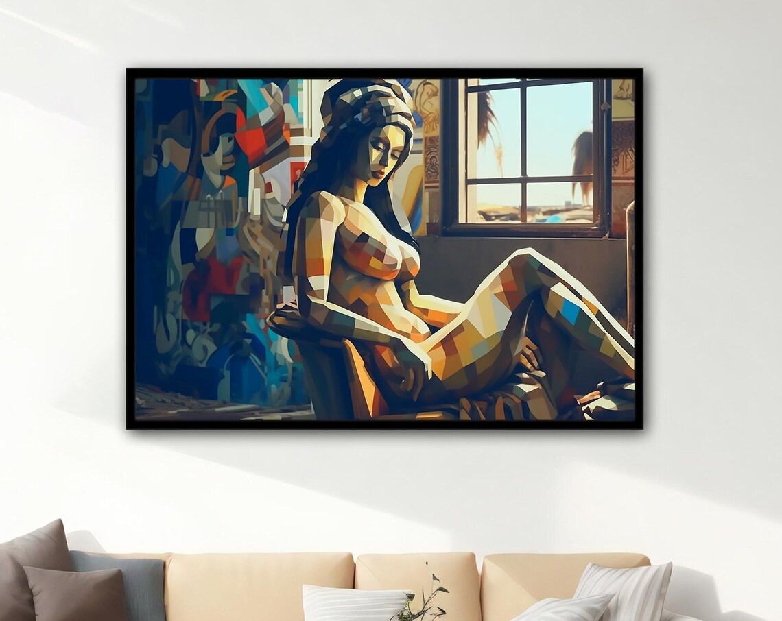 Geometric Mosaic Woman Painting Low Poly Nude Figure Window Light Wall Art