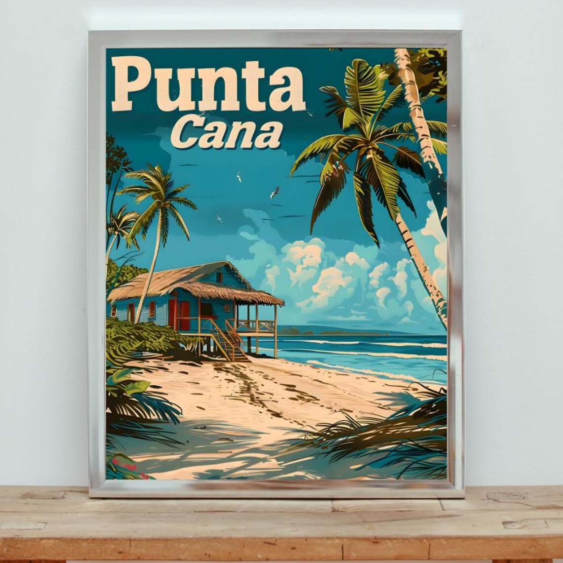 Punta Cana Tropical Beach Hut Vintage Travel Poster With Palm Trees