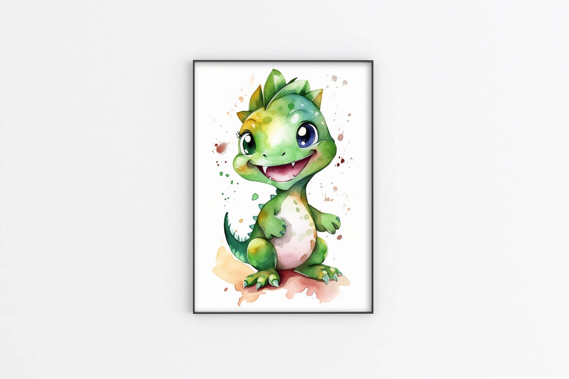 Cute Baby Dinosaur Watercolor Green Funny Dino Nursery Poster - Image 2