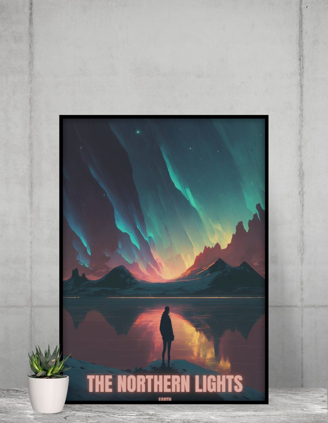 The Northern Lights Aurora Over Still Lake Night Sky Figure Poster - Image 2