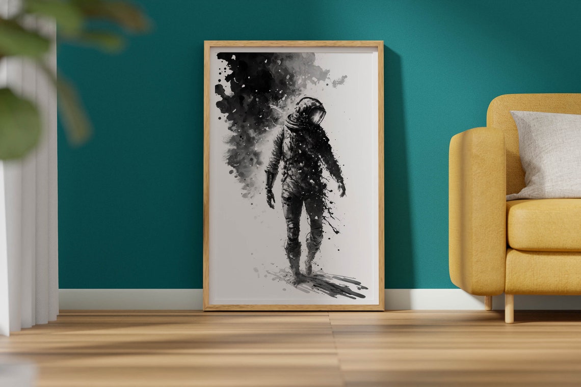 Black and White Astronaut Poster Ink Wash Space Art Minimalist - Image 2