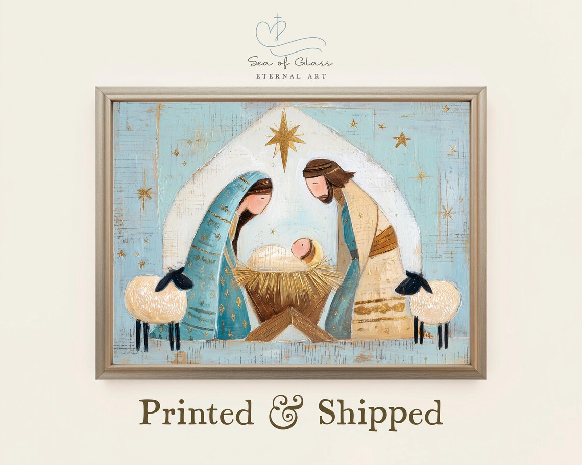 Sweet Rustic Folk Nativity Scene Blue and Gold Holy Family Poster
