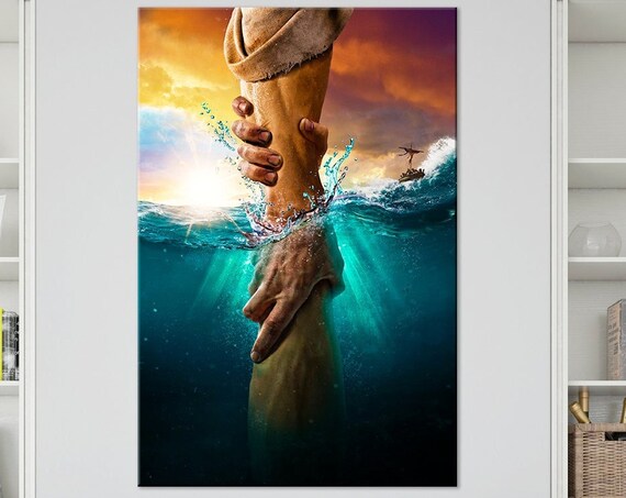 Jesus Hand Reaching Ocean Rescue Faith Hope Biblical Christian Spiritual Wall Poster