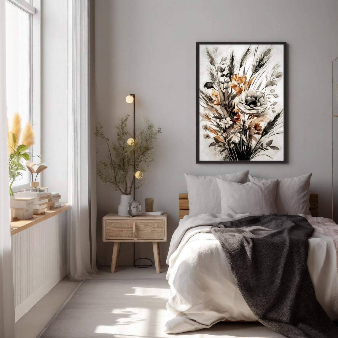 Vintage Sepia Wildflower Bouquet Wheat Elegant Botanical Art Print - Image 2