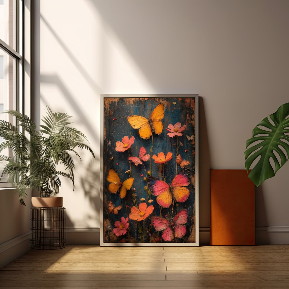 Boho Butterflies and Cosmos Flowers on Textured Navy Wall Art - Image 2